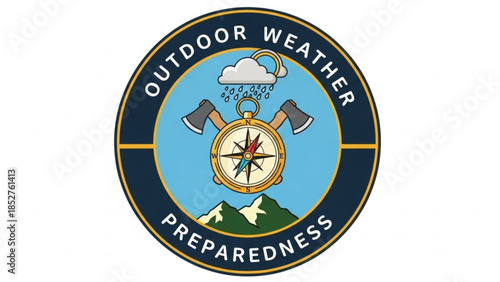 Outdoor weather preparedness badge compass with axes and rain cloud mountain landscape adventure concept