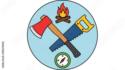Crossed axe and saw with campfire and compass outdoor adventure emblem camping and survival concept isolated on light blue