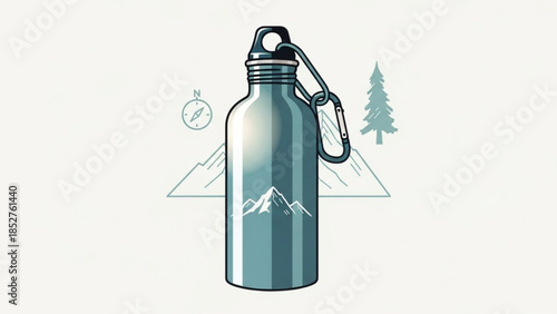 Metal water bottle with carabiner mountain graphic and compass icon outdoor adventure concept for travel and camping