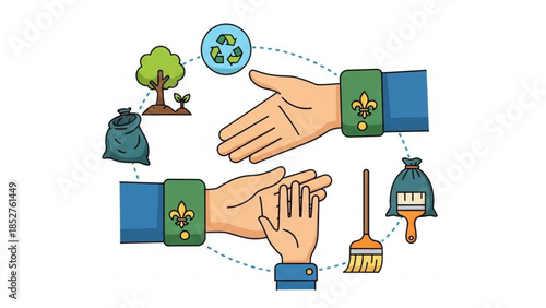 Hands exchanging recycling symbol and cleaning tools concept of environmental care and cooperation flat vector illustratio