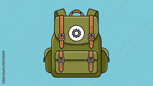 Green vintage backpack with leather straps and gear symbol flat vector illustration for travel and adventure concepts isol