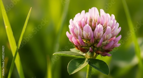 Close-up of a vibrant pink clover flower blooming in a lush green meadow, bathed in soft sunlight.