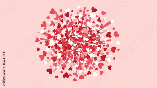 Explosion of red and pink hearts a festive abstract background for Valentines Day or love concepts isolated on soft pink