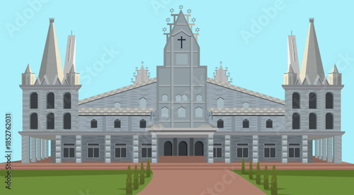 Flat vector illustration of a Solomon's Temple, Aizawl, large grey gothic style church with multiple spires and a central cross