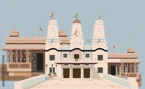 an illustration of the Gorakhnath Math (temple complex) located in Gorakhpur, Uttar Pradesh, Minimalist flat vector illustration of a beautiful traditional Indian temple building with three spires