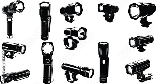 Vector set of tactical flashlight icons, powerful portable led torches, emergency camping lights, waterproof cycling headlamps, outdoor survival 