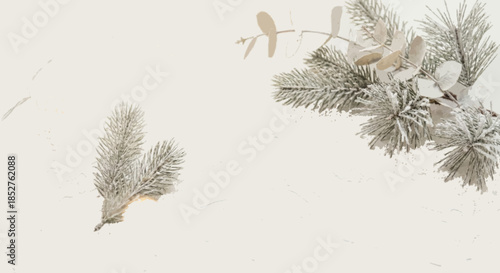 Snowy pine branches with mistletoe on white background