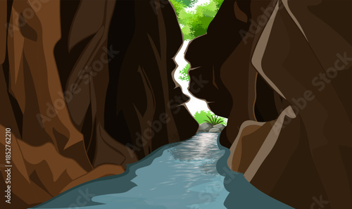 Vector illustration of a narrow river flowing through a deep rock canyon with green foliage at the end