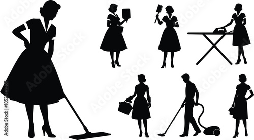 Vintage 1950s housework silhouettes set, retro housewife cleaning home with mop, iron, broom and vacuum, mid century domestic chores vector icons on white background