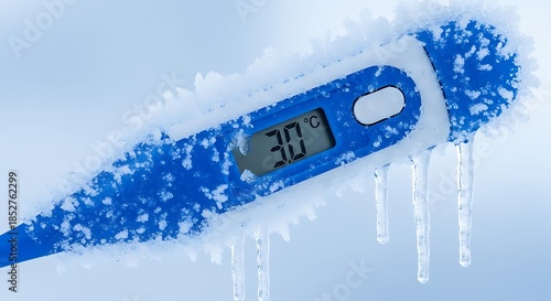 Digital thermometer covered in ice showing a low temperature.