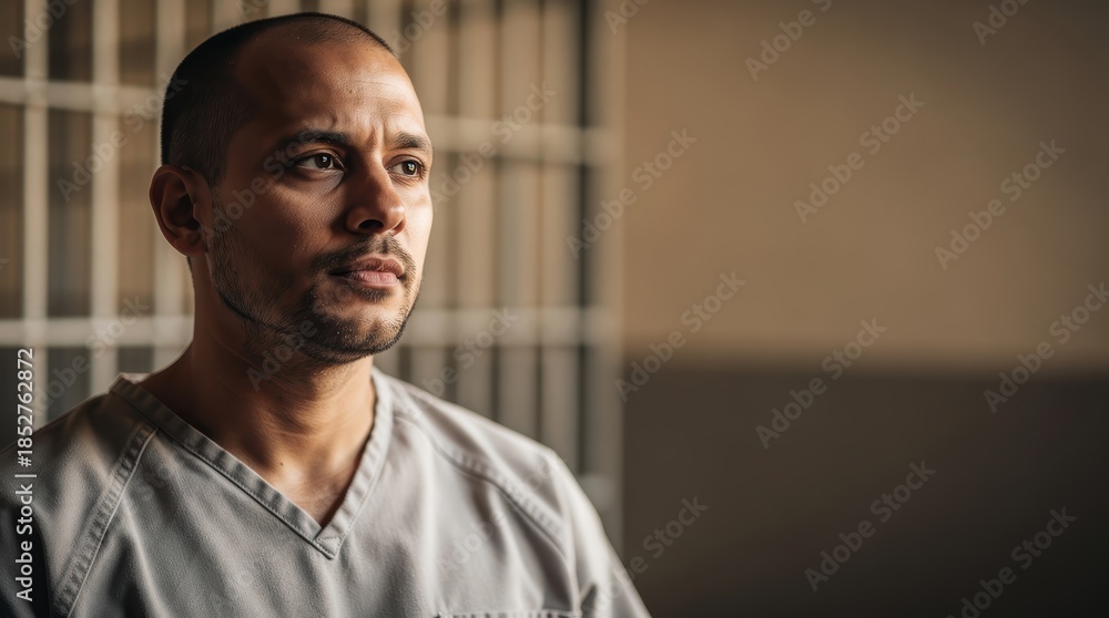 Obraz premium A thoughtful man in prison attire gazes pensively, highlighting themes of reflection and confinement against a backdrop of bars.