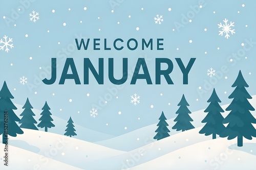 Modern flat design “Welcome January” winter banner with snow and pine trees