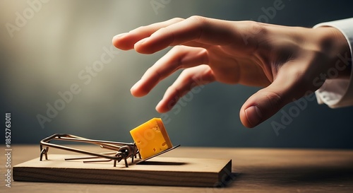 Hand Reaching for Cheese on a Mousetrap, Symbolizing Risk and Temptation.