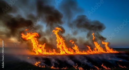 Intense Wildfire Raging Across a Dry Landscape at Dusk.