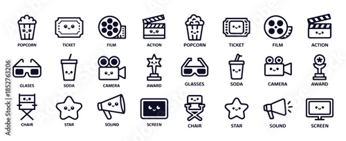 Playful cinema and film related cute outline icons for entertainment media concept design