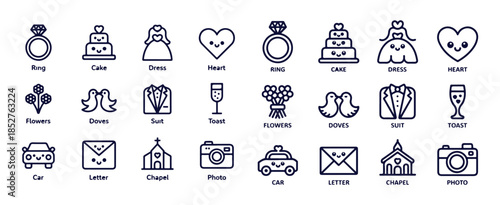 Charming wedding and marriage cute doodle icons for celebration and romance related design