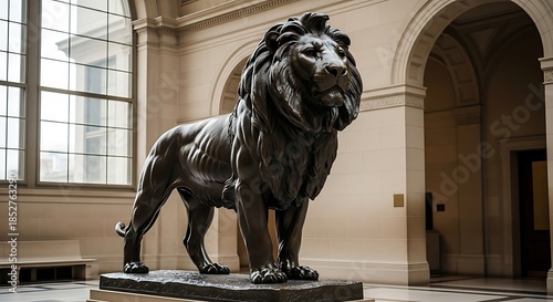 Majestic Bronze Lion Statue in a Grand Hall with Natural Light.