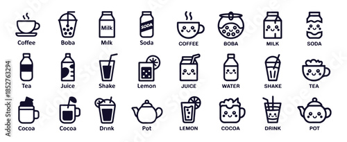 Cute kawaii line art icons set representing various popular beverages and drinks for cafe menus
