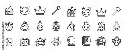 Magical fairy tale and fantasy elements icons for kingdom stories and royal themes collection