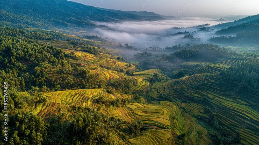 Obraz premium Aerial view of mountain landscape with green rice terraces and fog