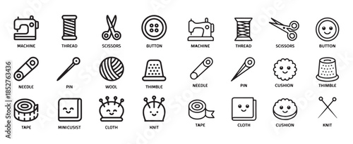 Adorable collection of sewing and textile craft supplies icons for tailoring hobby projects