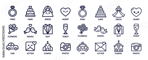 Charming set of wedding celebration icons featuring cute illustrated objects for romance events
