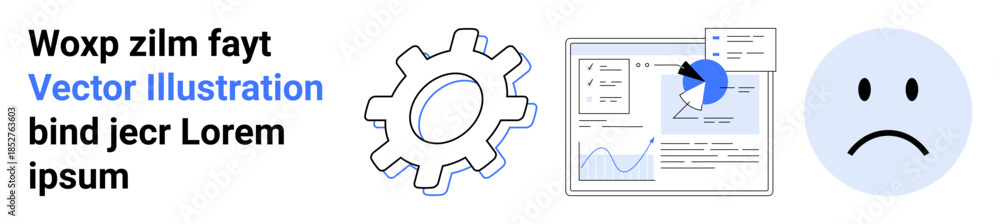 Fototapeta premium Data analytics, workflow optimization, user interface design, technical tools, problem resolution, emotional response. Gear icon, bar graph pie chart sad face symbol. Data analytics and workflow