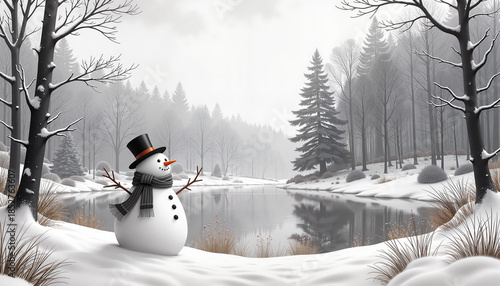 Snowman standing by serene lake surrounded by winter forest  