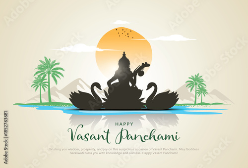 Vector illustration of happy Vasant Panchami puja of India. Creative design for banner, poster, card.