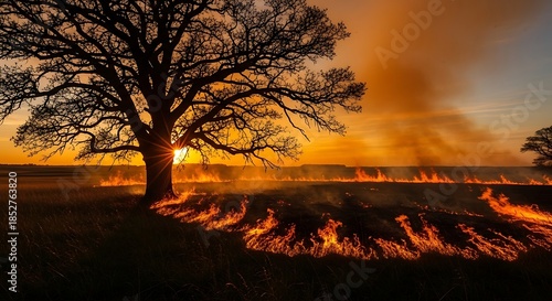 Silhouette of a large tree against a fiery sunset with a field fire burning in the foreground.