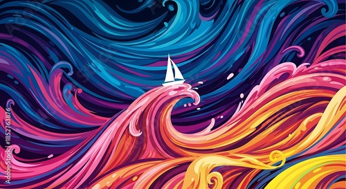 Sailboat Navigating Through Vibrant, Abstract Waves.