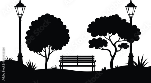 Park Bench Silhouette with Trees and Street Lamps Black Vector Illustration.