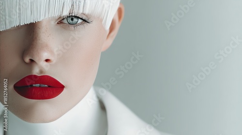 Beautiful Female Face with bright Make-up. Woman Hairstyle, Blond. Colour trend of 2026. Cloud Dancer Color Pantone 11-4201. Portrait of a young Woman with blondy hair