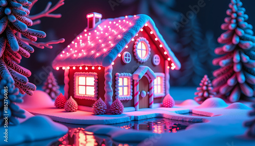 Colorful gingerbread house decorated with lights in snowy landscape  