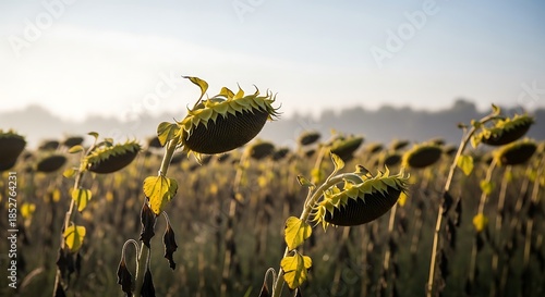 Sunflowers in a field at sunrise with a misty background.