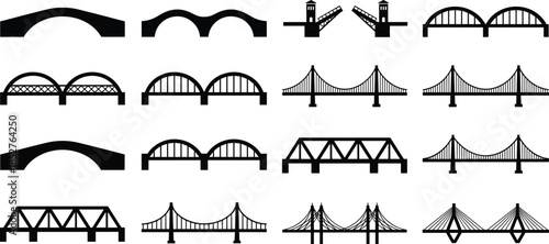 Bridge silhouettes icon set featuring various architectural bridge types, modern infrastructure symbols isolated on white background vector illustration for design