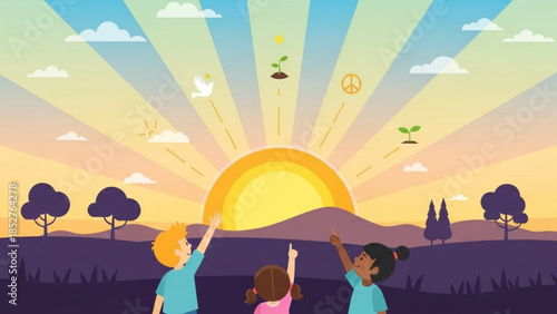 Children looking at sunrise with growing plants symbolizing hope and new beginnings vector illustration for environmental 