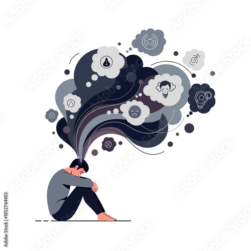 Illustration of a person experiencing overwhelming thoughts and emotions through a cloud of