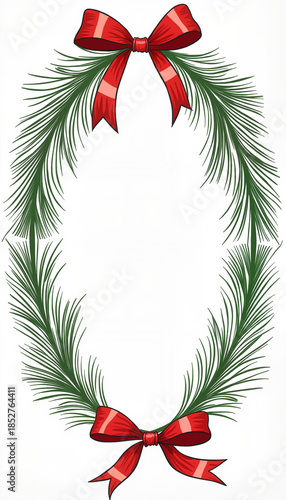 Christmas wreath with pine branches and red ribbons  