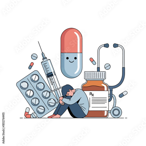 Humorous Medical Illustration Showcasing Prescription Medication and Healthcare Devices with a