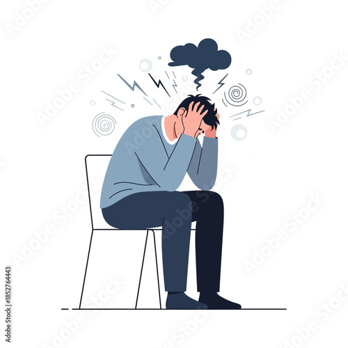 Illustration Depicting a Person Experiencing Mental Stress and Overwhelm with Anxiety Symbols