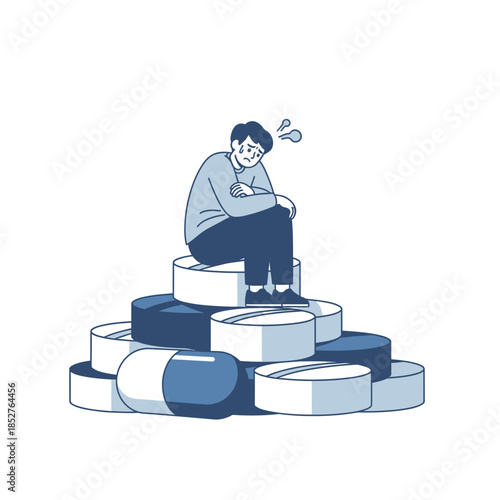 Young man sitting on a stack of pills feeling overwhelmed and anxious in a minimalistic illustration
