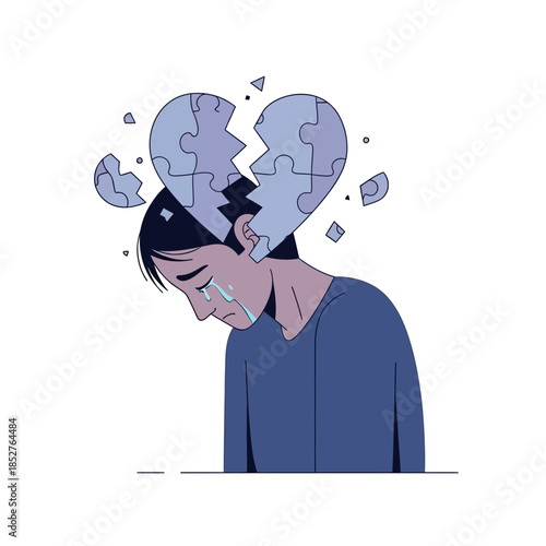 Emotional distress illustration depicting a broken heart and sorrowful young person with shattered