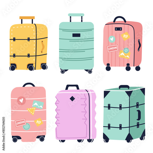 Travel luggage and suitcase vector cartoon set
