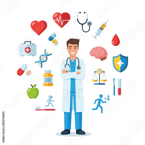 Medical Professional Centered Illustration with Diverse Healthcare Symbols and Medicine Elements