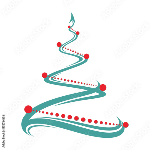 This image features a modern, stylized Christmas tree design, created with swirling teal lines and red dots as ornaments. The curving, flowing shape gives the tree a dynamic and elegant look, while 