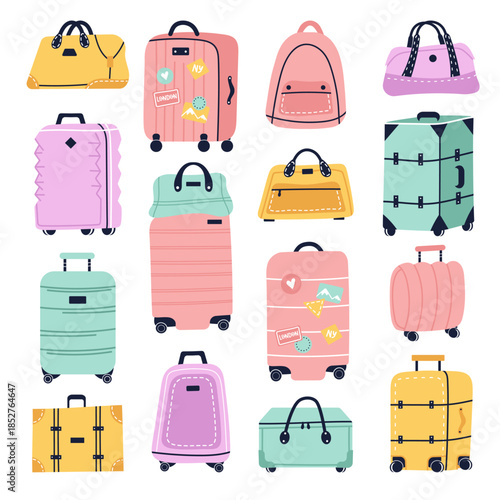 Travel luggage and suitcase vector cartoon set