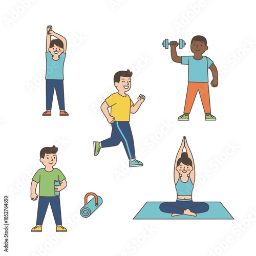 Young diverse individuals engaging in various fitness and yoga activities highlighting health and