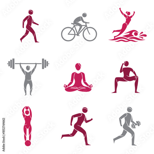 Fitness icons, Sports illustrations, Exercise vector, Yoga poses, Weightlifting icons, Running silhouette, Cycling icon, Swimming activity, Meditation symbol, Walking exercise, Physical activity icons