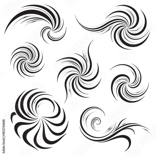 This image features a series of intricate and dynamic swirl designs, each made up of flowing, curved lines and delicate dot patterns. The black-and-white style emphasizes the fluid motion of the shape